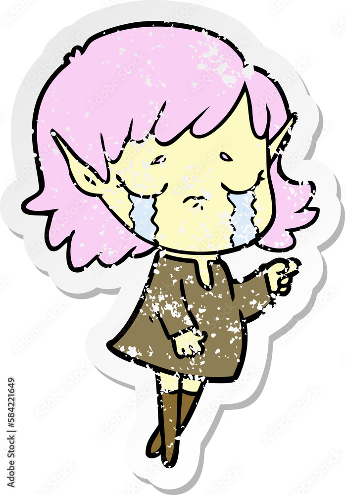 distressed sticker of a cartoon crying elf girl distressed sticker of a cartoon crying elf girl