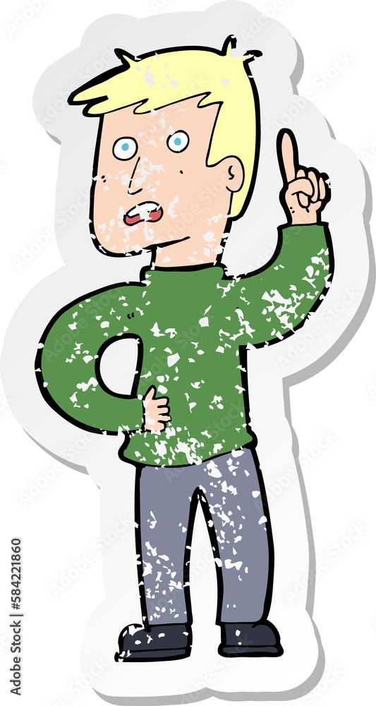 retro distressed sticker of a cartoon boy with idea retro distressed sticker of a cartoon boy with idea
