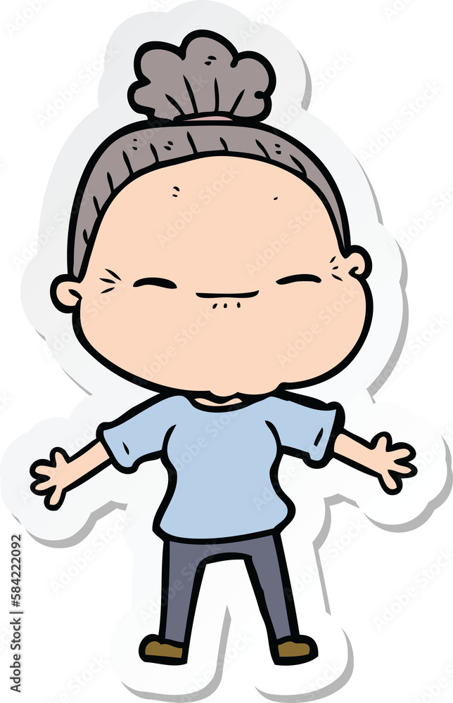 sticker of a cartoon peaceful old woman sticker of a cartoon peaceful old woman
