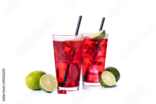 Cape Codder cocktail with vodka, cranberry juice and lime isolated on white background