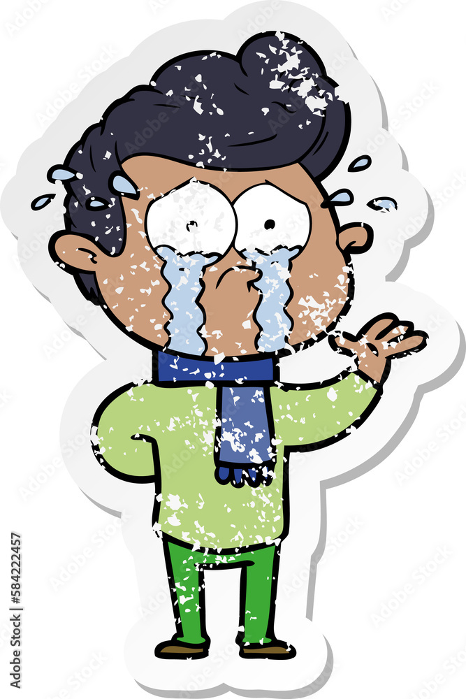 distressed sticker of a cartoon crying man distressed sticker of a cartoon crying man