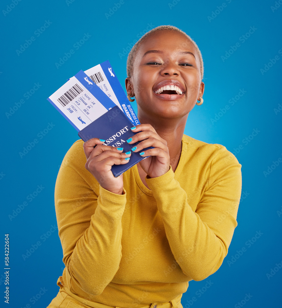 Portrait, passport and black woman with tickets smile in studio with flight, boarding documents and ID. Traveling mockup, happy and girl celebrate immigration, USA holiday and international vacation Portrait, passport and black woman with tickets smile in studio with flight, boarding documents and ID. Traveling mockup, happy and girl celebrate immigration, USA holiday and international vacation