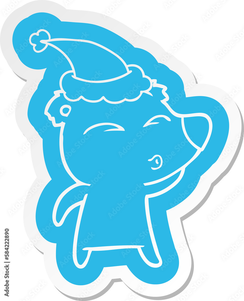 cartoon  sticker of a whistling bear wearing santa hat