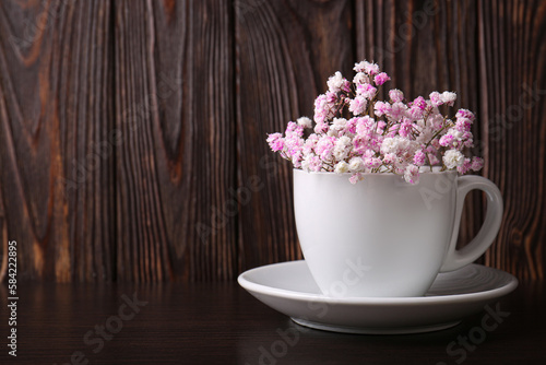 Beautiful dyed gypsophila flowers in white cup on wooden table. Space for text
