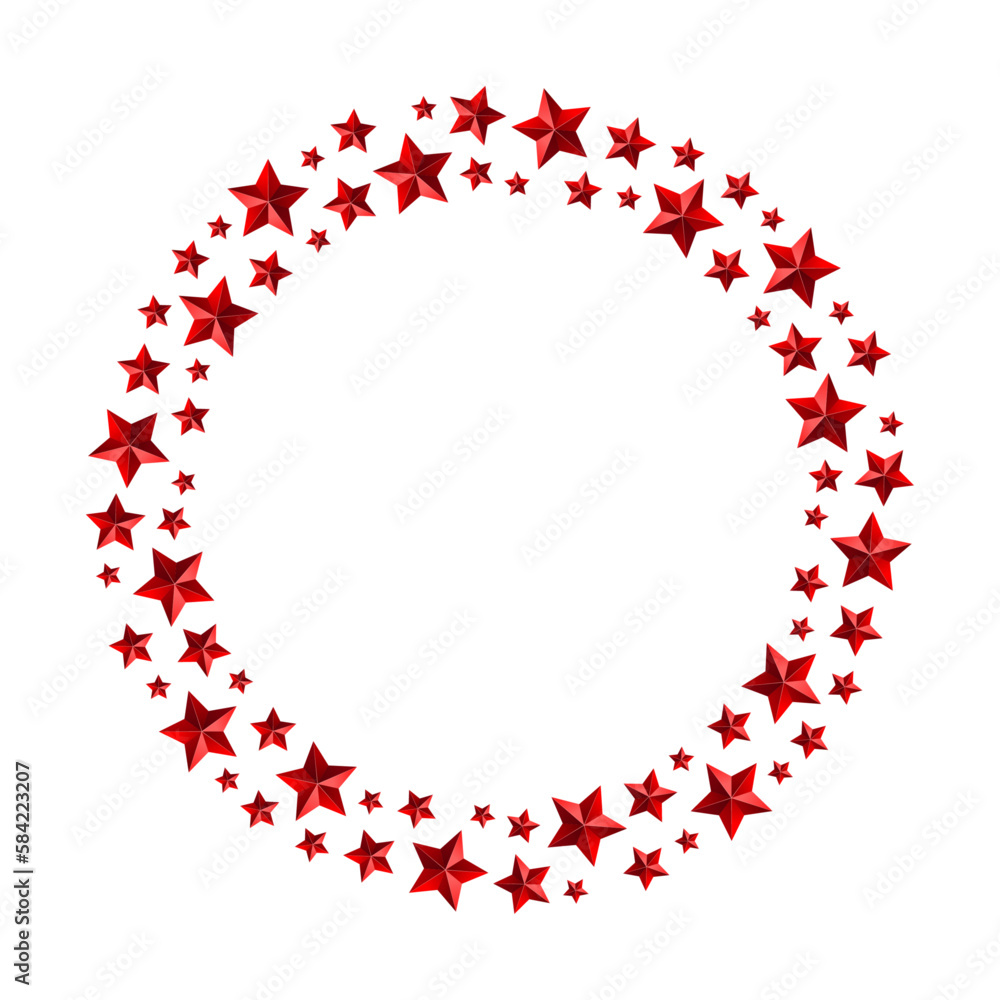 Round frame with red 3D stars. Border garland with ruby stars. Isolated vector and PNG illustration on transparent background.