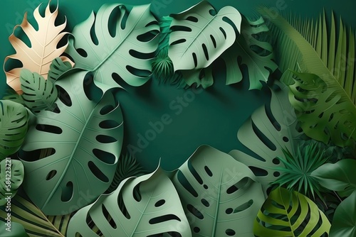 Tropical leaves on green background