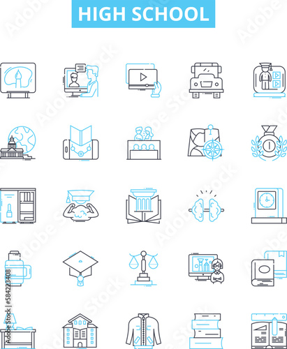 High school vector line icons set. High school, Education, Adolescence, Pupils, Graduates, Learning, Diploma illustration outline concept symbols and signs