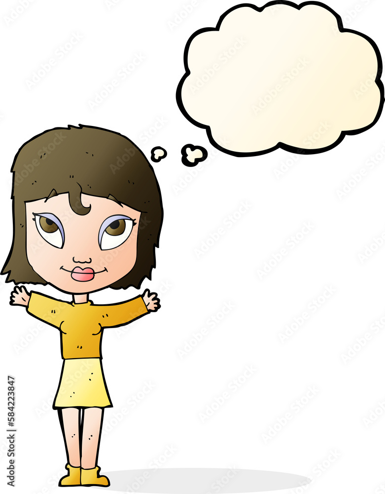 cartoon woman with open arms with thought bubble cartoon woman with open arms with thought bubble