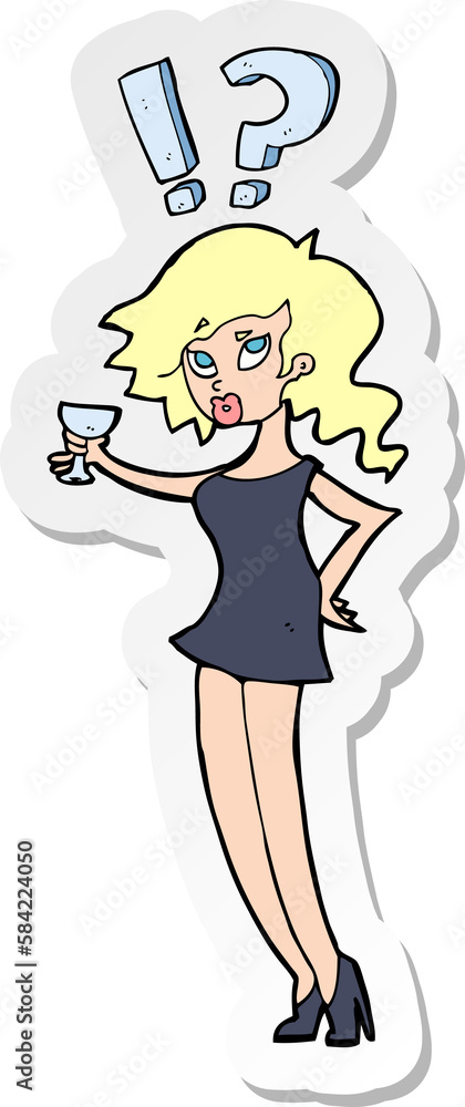 sticker of a cartoon confused woman with drink sticker of a cartoon confused woman with drink