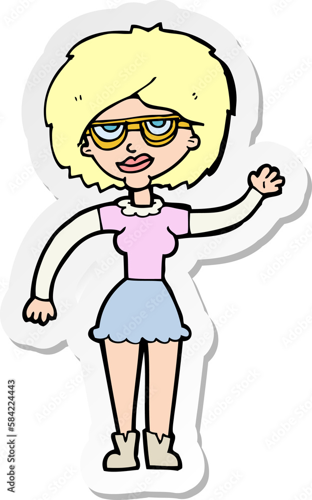 sticker of a cartoon waving woman wearing spectacles sticker of a cartoon waving woman wearing spectacles