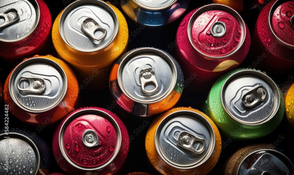 Cans of sweet drinks and beer, Cooling frozen and with water drops. Generative AI. Cans of sweet drinks and beer, Cooling frozen and with water drops. Generative AI.