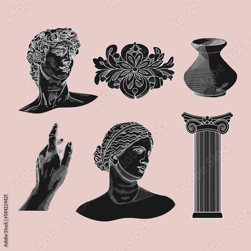 Antique statues, bust, pillar, amphora, column. Different objects. Mythical, ancient greek or roman style. Hand drawn sculpture illustration. Classic statues in modern style. Collage art elements