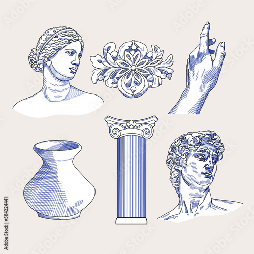 Antique statues, bust, pillar, amphora, column. Different objects. Mythical, ancient greek or roman style. Hand drawn sculpture illustration. Classic statues in modern style. Collage art elements