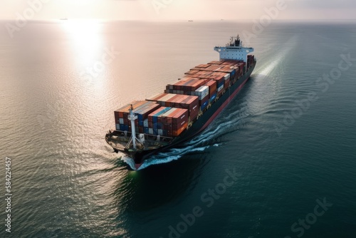 Aerial view from drone, Container ship or cargo shipping business logistic import and export freight transportation by container ship in the open sea, freight ship boat. Generative AI 