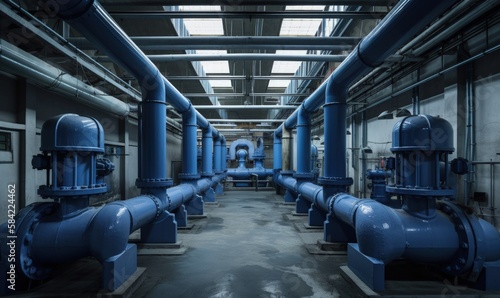 Electricity generation, Power plant blue turbine in the steam turbine hall. Generative AI.