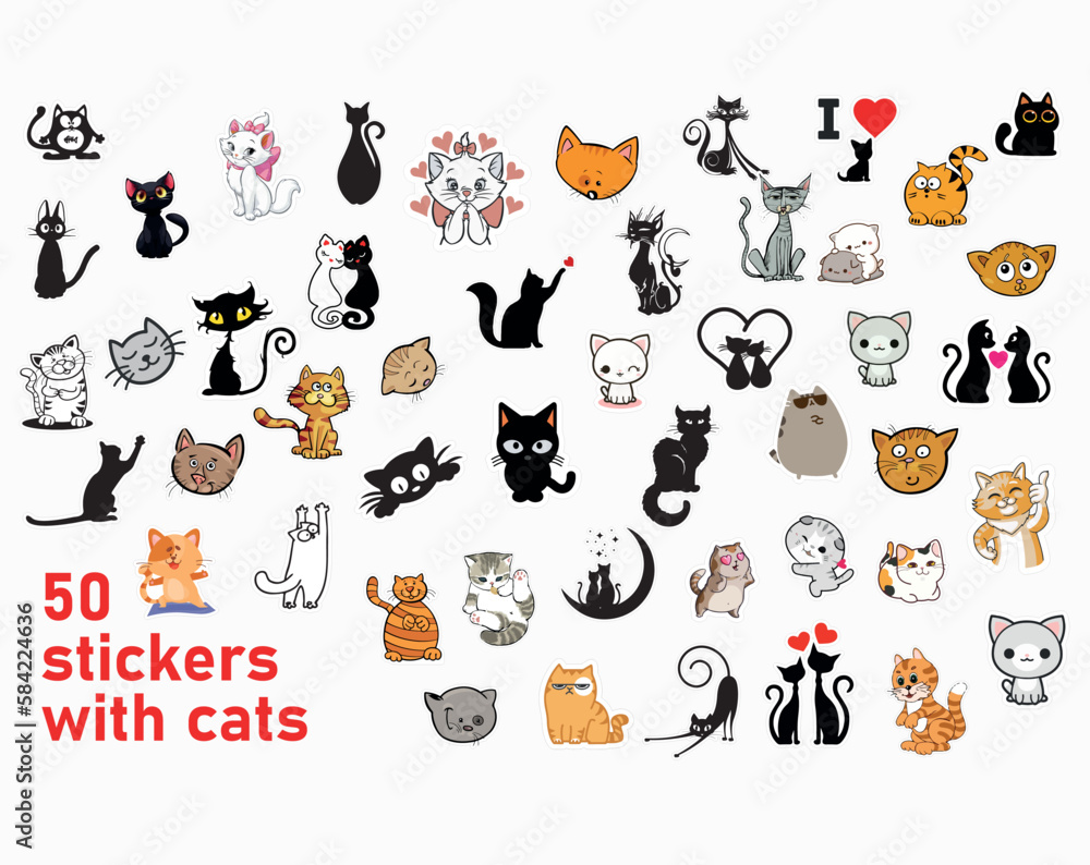 This vector file is a set of 50 stickers featuring adorable cats with outlined designs that are perfect for cutting on a plotter. This vector file is a set of 50 stickers featuring adorable cats with outlined designs that are perfect for cutting on a plotter.