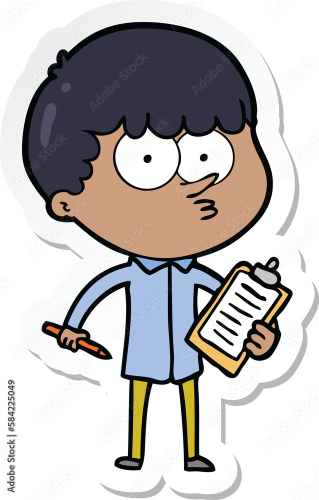 sticker of a cartoon curious boy taking notes sticker of a cartoon curious boy taking notes