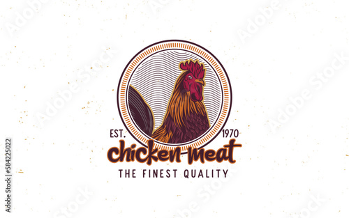 Rooster Head Vintage Logo, retro print, poster for Butchery Poultry Meat Shop with text typography (ID: 584225022)