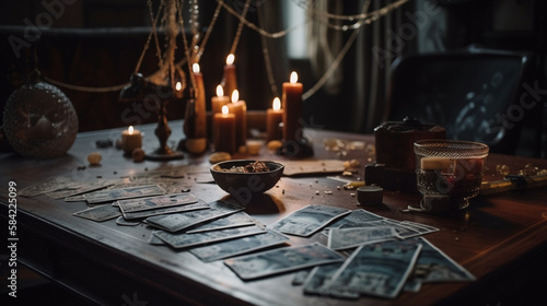 Candles, Crystals, and Tarot Cards Spread Across a Table in Preparation for a Tarot Reading, Spiritual Psychic Witchy Aesthetic, Moody Photography Style - Generative AI