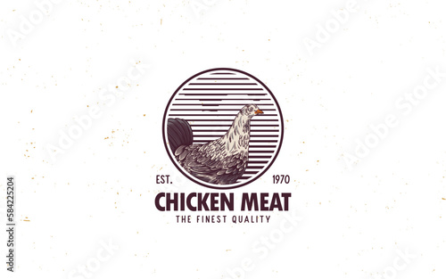 Rooster Head Vintage Logo, retro print, poster for Butchery Poultry Meat Shop with text typography (ID: 584225204)