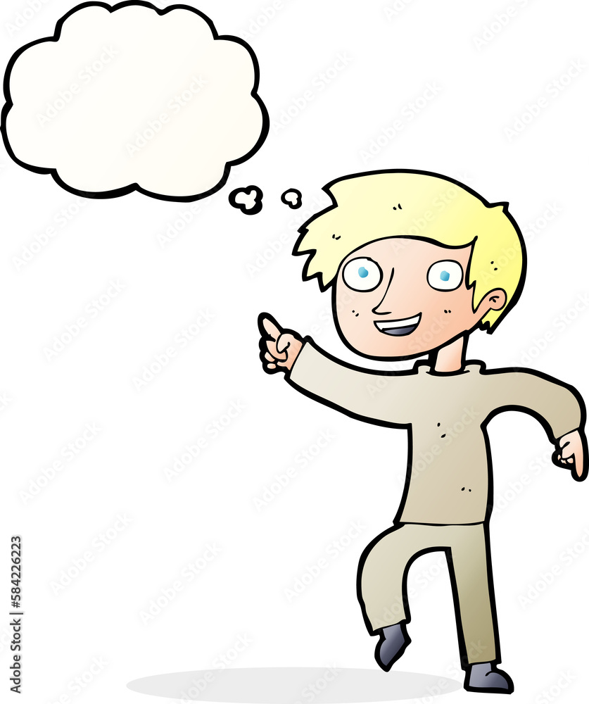 cartoon happy boy pointing with thought bubble cartoon happy boy pointing with thought bubble