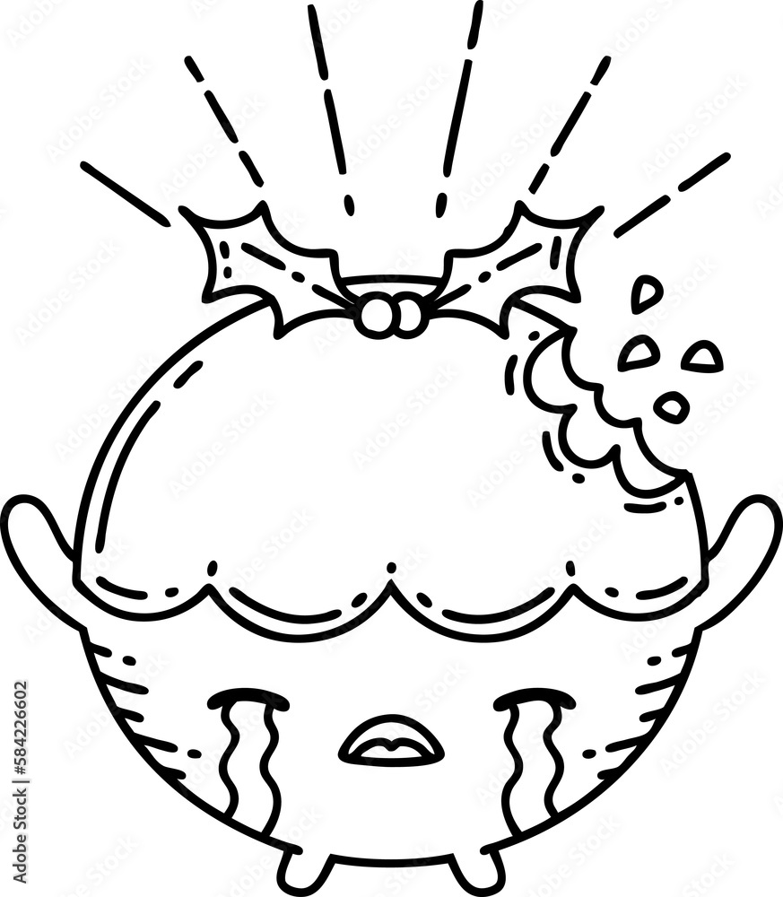 traditional black line work tattoo style christmas pudding character crying traditional black line work tattoo style christmas pudding character crying