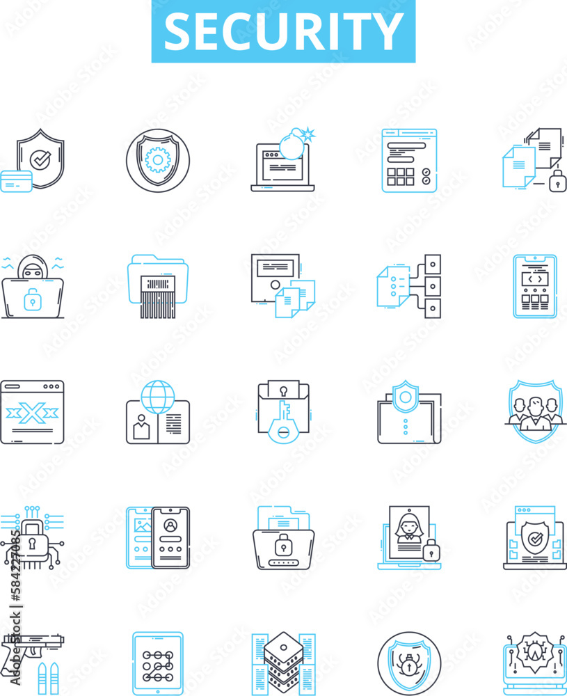 Security vector line icons set. Protection, Safeguard, Armor, Shield, Fortress, Fortify, Barricade illustration outline concept symbols and signs Security vector line icons set. Protection, Safeguard, Armor, Shield, Fortress, Fortify, Barricade illustration outline concept symbols and signs
