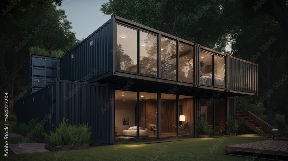 big containers home or hotel in nature landscape, old used shipping container remake as room and building, Generative Ai