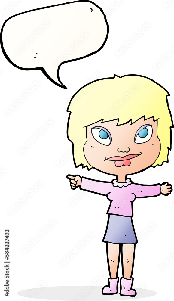 cartoon woman pointing with speech bubble