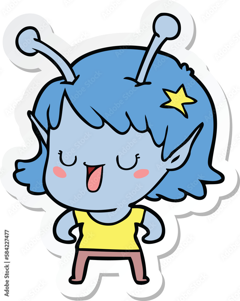 sticker of a happy alien girl cartoon sticker of a happy alien girl cartoon