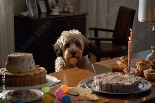 Cute brown dog celebrating birthday with cake and candles in the background. generative ai photo