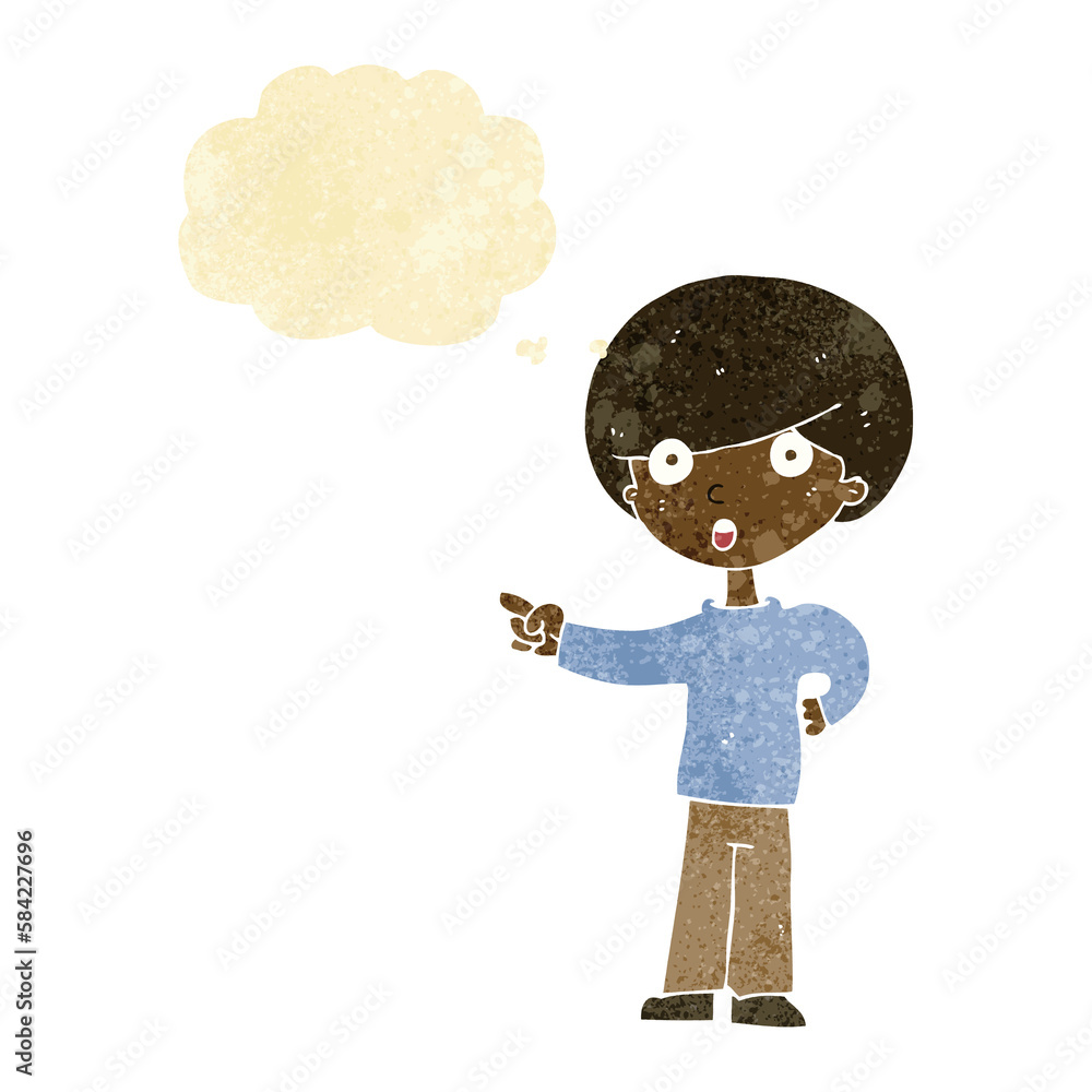 cartoon pointing boy with thought bubble cartoon pointing boy with thought bubble
