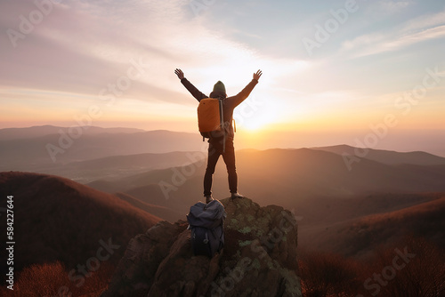 A man standing on top of a mountain hiking with backpacks in the sunset sunlight, a view of a beautiful landscape from above, a climber climbing a mountain with equipment silhouette. Generative AI.