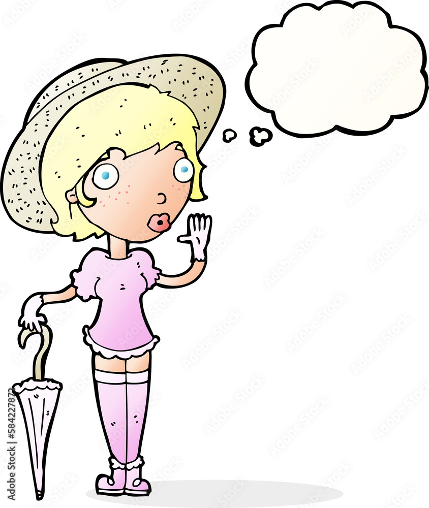 cartoon woman in summer hat waving with thought bubble cartoon woman in summer hat waving with thought bubble