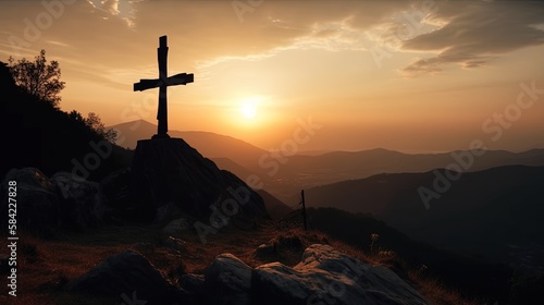 Mountain Majesty  Artistic Silhouette of Crucifix Cross Against Sunset Sky.Generative Ai