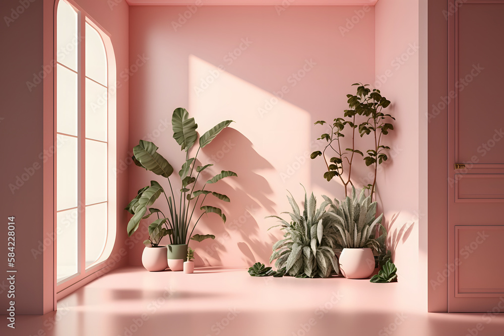 Empty Space with Soft Pink Walls and Plants on the Floor, The Tranquility of a Pink Room, Generative AI