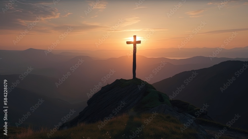 Mountain Majesty: Artistic Silhouette of Crucifix Cross Against Sunset Sky.Generative Ai Mountain Majesty: Artistic Silhouette of Crucifix Cross Against Sunset Sky.Generative Ai