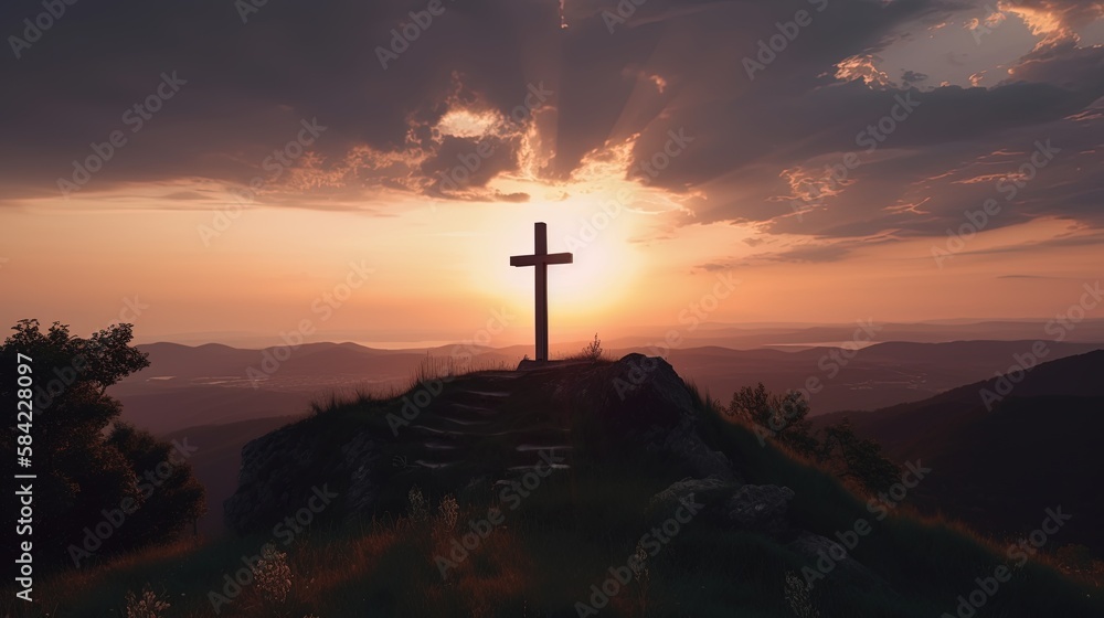 Mountain Majesty: Artistic Silhouette of Crucifix Cross Against Sunset Sky.Generative Ai