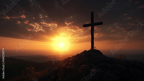 Mountain Majesty: Artistic Silhouette of Crucifix Cross Against Sunset Sky.Generative Ai