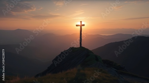 Mountain Majesty: Artistic Silhouette of Crucifix Cross Against Sunset Sky.Generative Ai © Rudsaphon