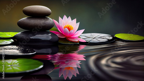 Natural Alternative Therapy With Massage Stones And Waterlily In Water with Generative AI Technology