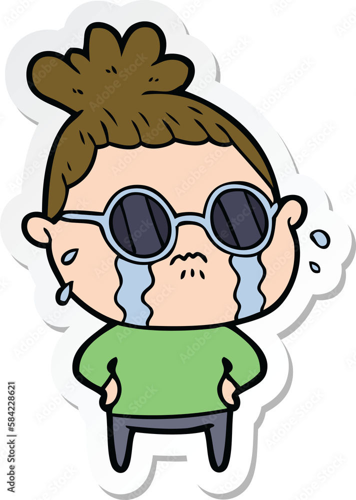 sticker of a cartoon crying woman wearing sunglasses