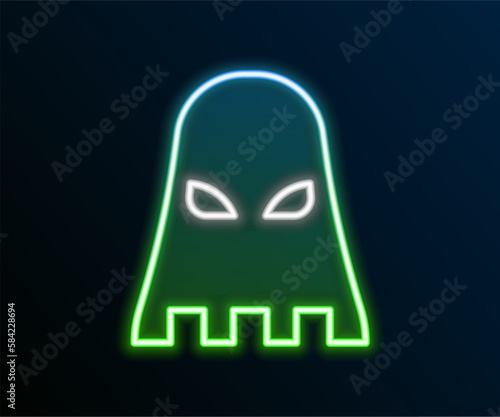 Glowing neon line Executioner mask icon isolated on black background. Hangman, torturer, executor, tormentor, butcher, headsman icon. Colorful outline concept. Vector