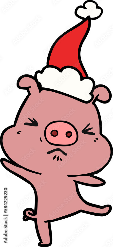line drawing of a furious pig wearing santa hat
