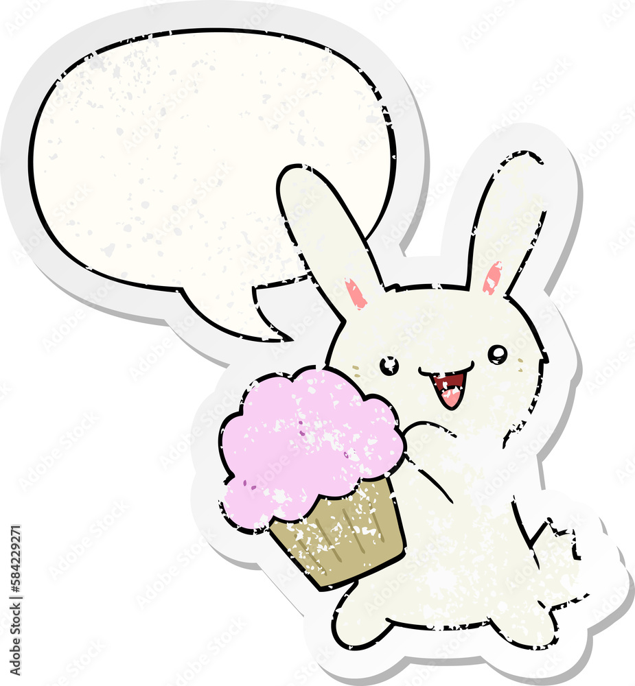 cute cartoon rabbit and muffin and speech bubble distressed sticker cute cartoon rabbit and muffin and speech bubble distressed sticker