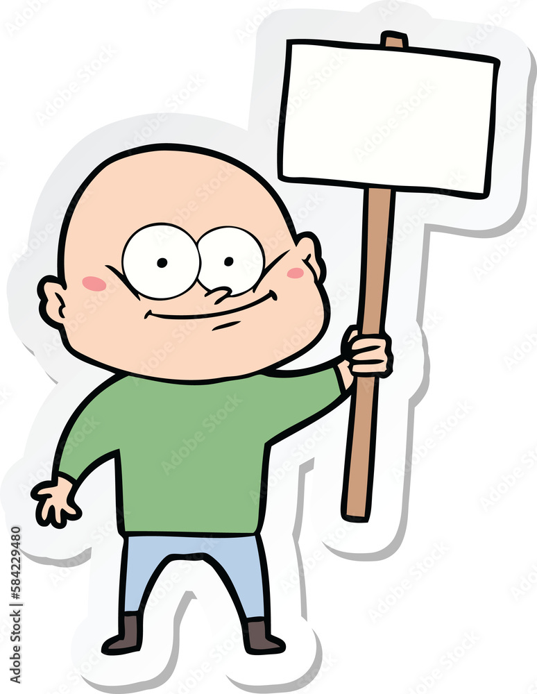 sticker of a cartoon bald man staring with sign sticker of a cartoon bald man staring with sign