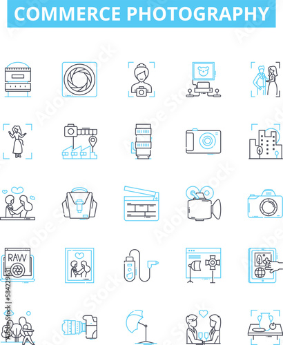 Commerce photography vector line icons set. Commerce, Photography, Portrait, Landscape, Wildlife, Nature, Still life illustration outline concept symbols and signs