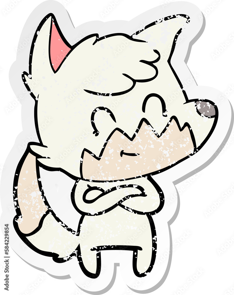 distressed sticker of a cartoon happy fox distressed sticker of a cartoon happy fox