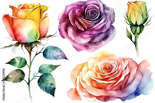 Roses and leaves, watercolor flowers isolated on white background, wedding invitaiton card design made with Generative AI, Ai art photo