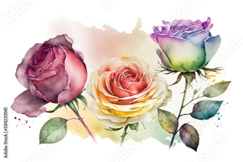 Roses and leaves, watercolor flowers isolated on white background, wedding invitaiton card design made with Generative AI, Ai art photo